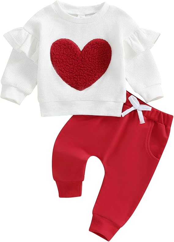 Toddler Baby Girl Fall Outfits Heart Embroidery Long Sleeve Crewneck Sweatshirt Top Pants Winter Clothes