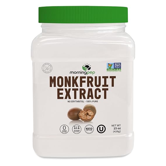 Morning Pep 100% Pure Monk Fruit extract sweetener, No Erythritol, Monkfruit Extract Powder, NON-GMO Project Verified, Keto Certified, OU kosher, No Fillers Zero Calories | Over 1,350 Servings | 15 oz