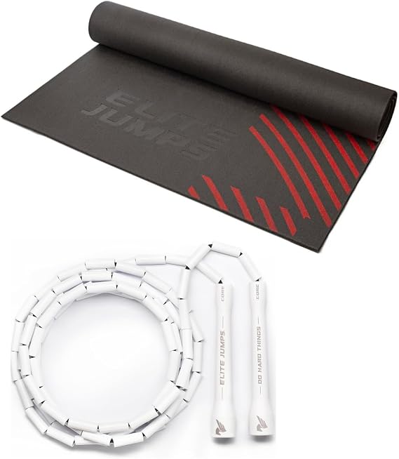 Elite Jumps - Do Hard Things 1 Beaded Jump Ropes - Strong & Durable Materials - White with Jump Rope Mat- Large Format Indoor/Outdoor Non Slip Mat - Home Workout Exercise Mat