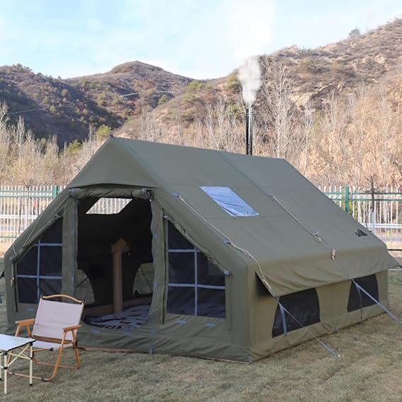 Large Luxury Inflatable Camping Tent Cotton Canvas Tent, Breathable and Waterproof Air Tent with Skylight and Stove Jack Hole for for 4-6-8-10 Person Family Camping