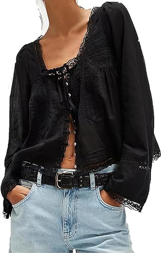 Women's Lace Tie Front Top Y2k Coquette Long Sleeve Ruffle Button Down Cardigan Shirt Going Out Flowy Peplum Tops