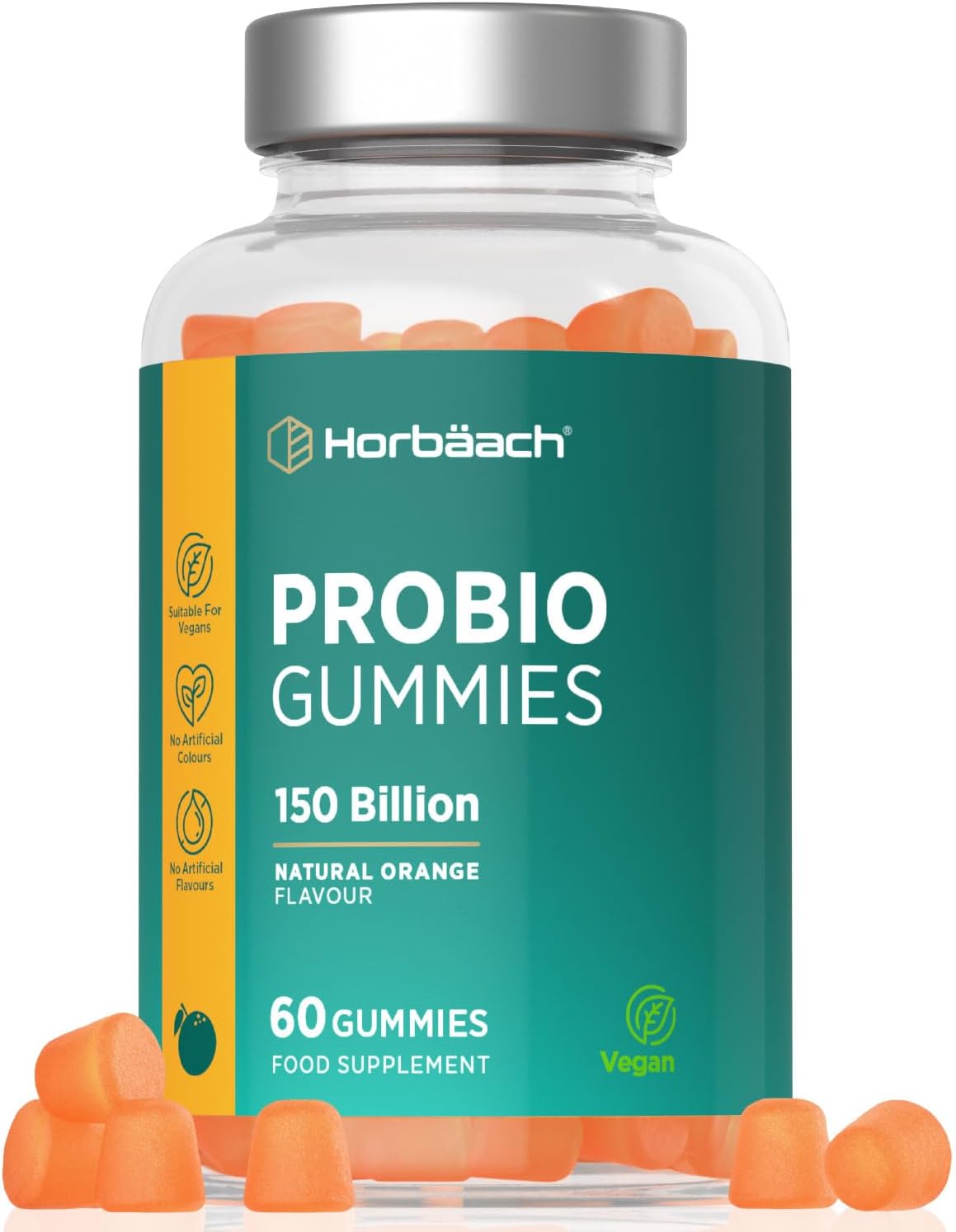 ProBio Gummies | 150 Billion Friendly Bacteria Per Bottle | Multi-Strain | 2.5 Billion x 60 Orange Flavour Gummies | for Men & Women | Vegan | 60 Count | by Horbaach