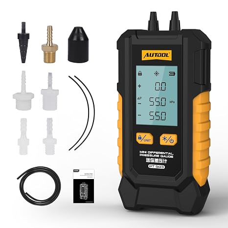 AUTOOL PT503 Mini Differential Pressure Gauge, Manometer Gas Pressure Tester with Dual Port Manometer, HVAC Gas & Air Pressure Tester,101 to 200 kPa Range,6 Units, Digital Manometer with Data Lock