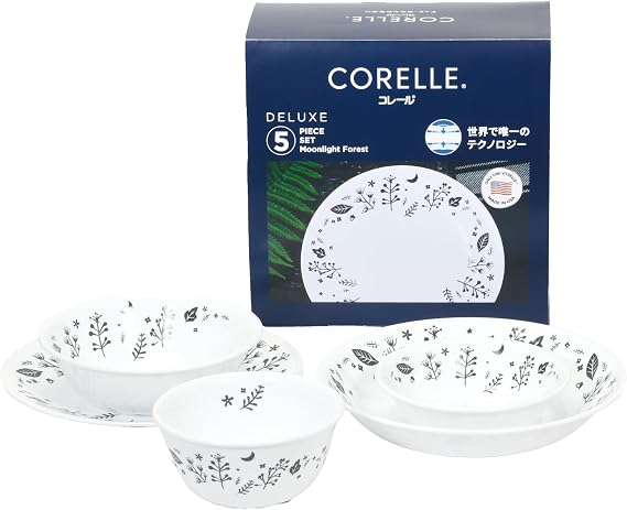 Corelle Dinnerware Set, 5-Piece, Medium Plate, Deep Plate, Medium Bowl, Small Bowl, Multi-purpose Bowl, Break-resistant, Lightweight, Microwave and Oven Safe, Dishwasher Safe, Deluxe Moonlight Forest