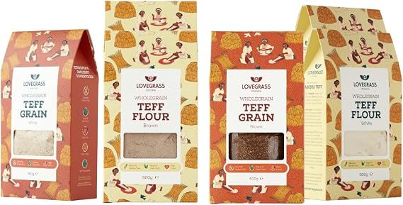 Lovegrass Ethiopia Teff Baking Bundle | White & Brown Flour & Grain, 4 Packs | Gluten Free | Vegan, High Protein, Vitamins & Minerals | Great for Baking Including Traditional Injera Flatbread