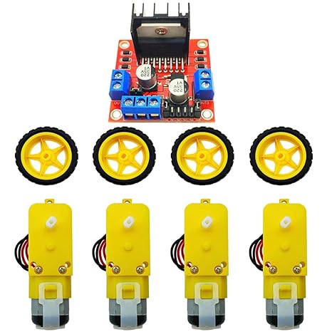 4 Sets DC Gearbox Motor DC 3-6V TT Motor 200RPM 1:48 Male Connector Wire with Tire Wheel + 1Pc L298N Motor Drive Controller Board Compatible Arduino Micro:bit Smart Car