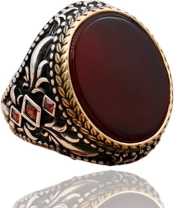 Yemeni Aqeeq Ring Men, Men Ring With Stone, Aqeeq Ring, Turkish Ring, Red Agate Stone Ring, 925 Silver Ring For Men