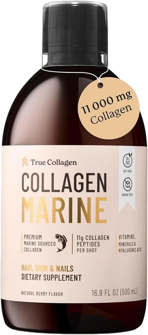 True Collagen Marine 11,000 mg Hydrolyzed Liquid, 500 ml, 20 Day | 11,000mg Type 1 & 3 hydrolyzed collagen with hyaluronic acid, biotin & vitamin C for healthy hair, skin, joints & nails