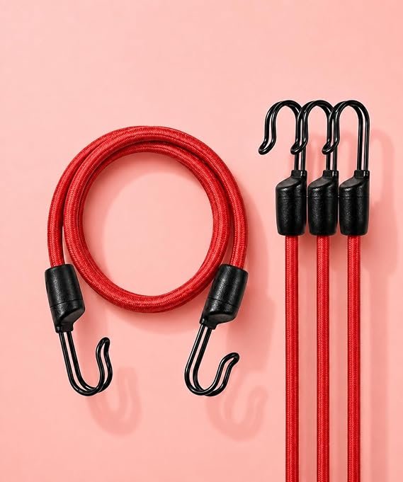 Kancalı Bagaj Gergi Lastiği - Paslanmaz Çelik Çift Kancalı, Motor ve Bisiklet Sabitleme Lastiği - 3 Adet (Kırmızı, 60cm)