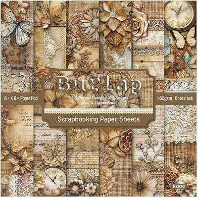 Scrapbook Paper Pad 6x6, 24 Sheets Single-Sided Scrapbooking Papers, Burlap Lace Flower Collage Patterned Cardstock 160gsm Brown Decorative Craft Paper for DIY Crafts Decor, 12 Designs