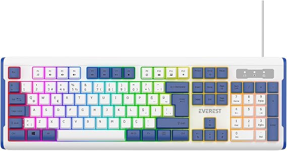 Everest KB-74 USB Rainbow Aydınlatmalı Q Membrane Multıemdya Gaming Oyuncu Klavyesi (Beyaz Mavi)
