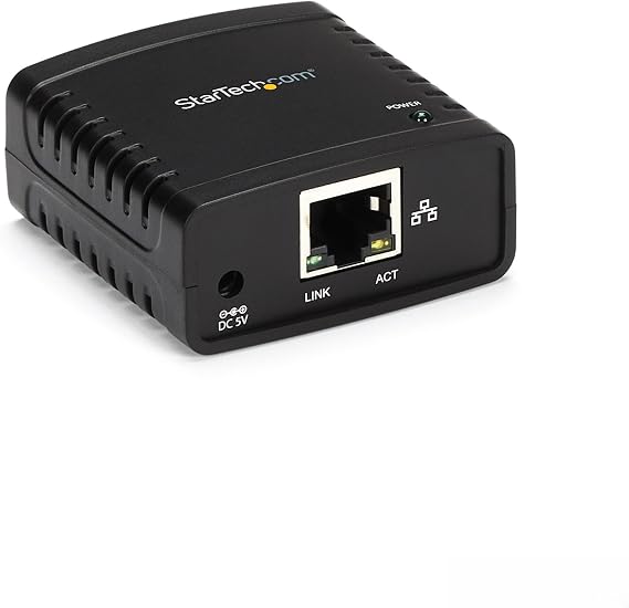 StarTech 1-Port USB 2.0 Print Server, 10/100Mbps Auto-sensing (PM1115U2) | Wired Ethernet LAN USB Printer Server Adapter, 2.0 Network
