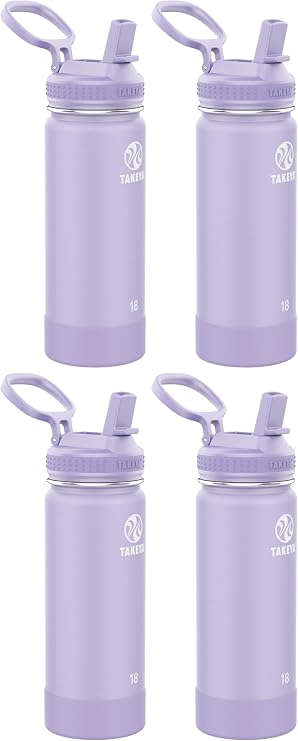 Takeya Actives Water Bottle, Insulated Stainless Steel | Straw Lid | Dishwasher Safe | 18 oz | Pack of 4