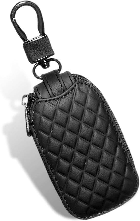 Car Key Case, Genuine Leather Keyfob Holder, Remote Auto Key Fob Cover with Metal Hook, Universal Keyring Zipper Bag (Black)