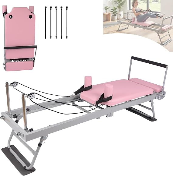 Pink Foldable Pilates Reformer Machine for Home Gym, Professional Workout Equipment with 5x18lb Springs for Beginners & Advanced Users,Quiet Home Pilates Equipment