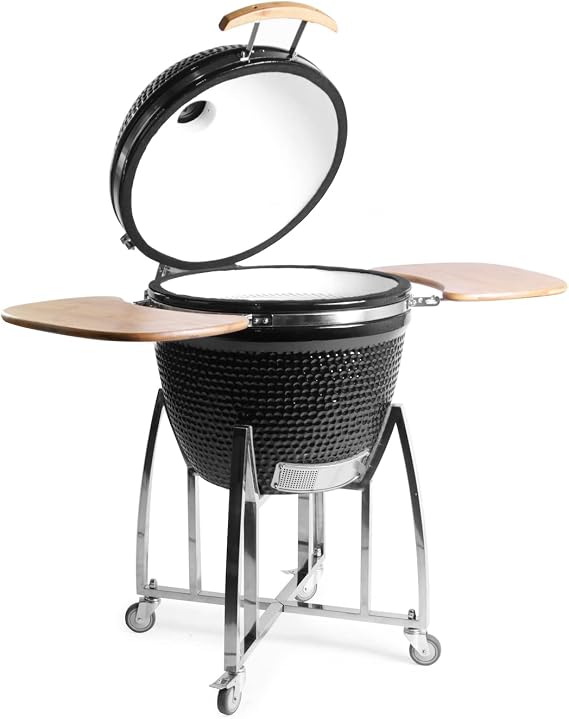 23" Kamado Grill COALS by Comfortbil Ceramic Charcoal Grill Smoker with Cart, Side Shelves and 487 Sq Inch Cooking Area