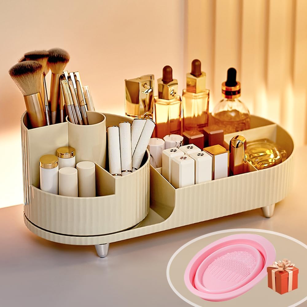 BULLA Makeup Organiser, 360 Rotating Makeup Organiser, Rotating Compartment 2 In 1 Cosmetic Storage, Makeup Organizer Storage Is Perfect for Dresser, Bathroom, Bedroom Milky White