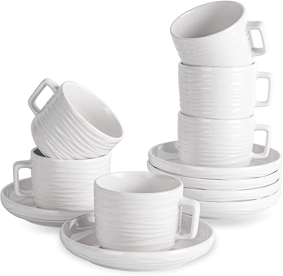 Tea Cups and Saucers Set, 8 OZ White Porcelain Coffee Cups | British Tea Set of 6, Good for Latte, Americano and Cappuccino, Microwave and Dishwasher Safe, Ribbed Texture