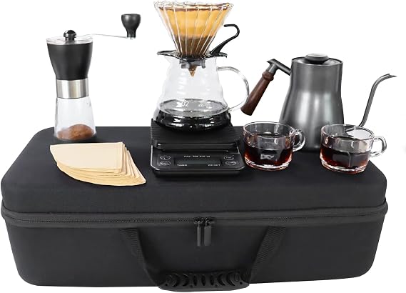 SOTECH Pour Over Coffee Maker Set includes a manual grinder, a hand brewing pot, a drip pot, a glass pot, filter paper, and a portable travel bag, suitable for outdoor camping.