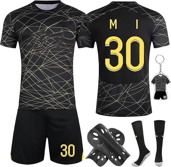 Nr.7/Nr.30/Nr.10 Fußball Trikot Kinder Trikots Shorts Socken Set mit Schienbeinschoner und Schlüsselanhänger22/24/26/28 Fußball Trikot Sets Kinder Fussball Jersey Trainingsanzug für Junge Herren