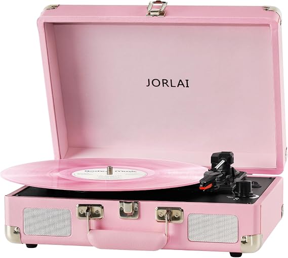 Pink Vinyl Record Player 3 Speeds Portable Suitcase Turntable with Built-in Dual Speakers, Bluetooth Gramophone with Built-in Battery 3.5mm Aux Input/RCA Output