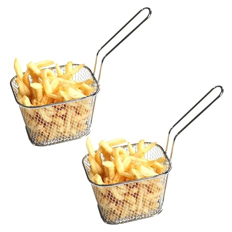 Mini Square Fry Baskets Stainless Steel Basket Tools Gear 2 Pcs | 4.13x3.3x2.5 Inch, Wire Handle French Fries Chips Fryers, Desk Food Presentation Mesh Holders, Kitchen Cooking Tools