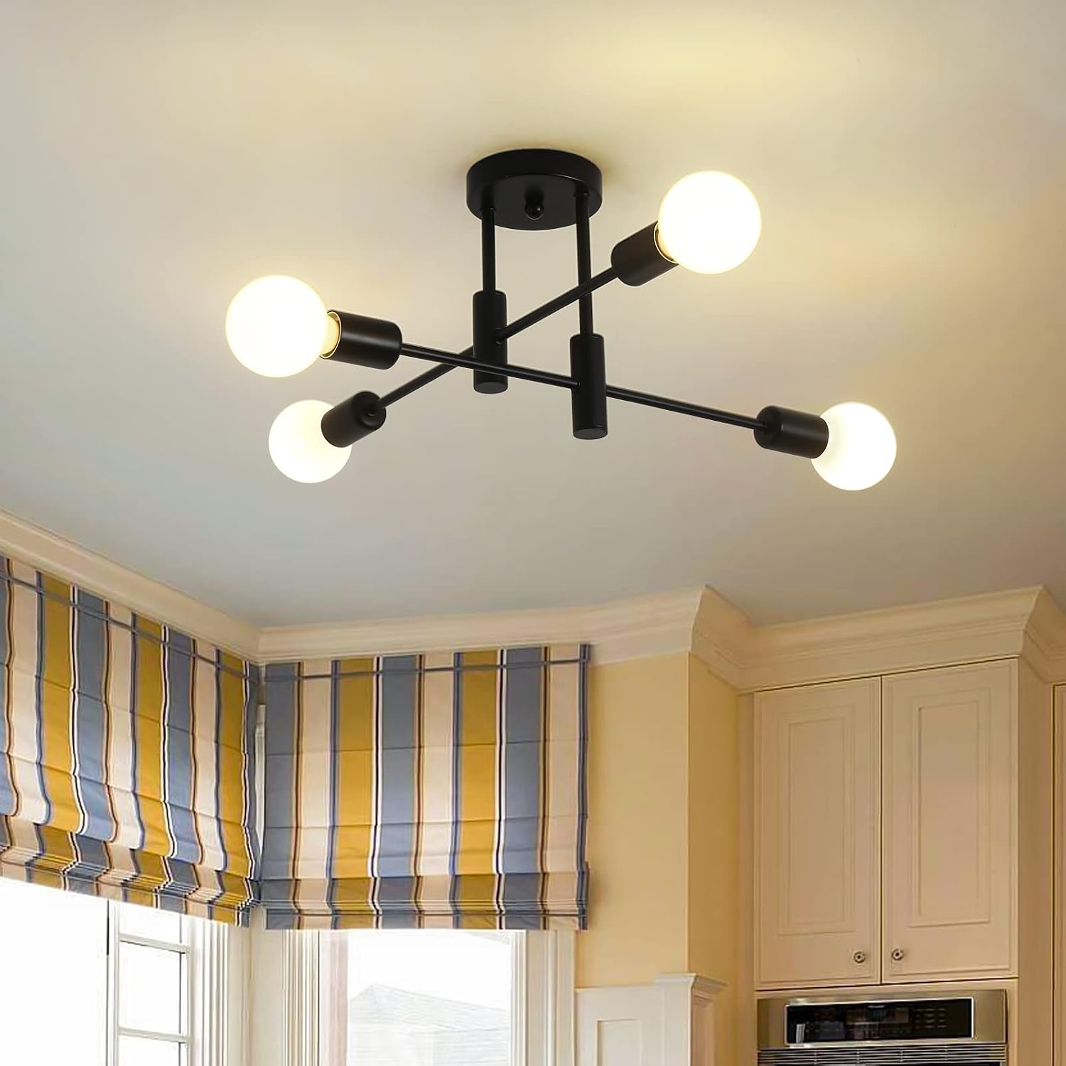 Chandelier Modern Pendant Light 4 Lights Metal Industrial Vintage Bracket Chandelier for Living Room Dining Room Bedroom Foyer, Black