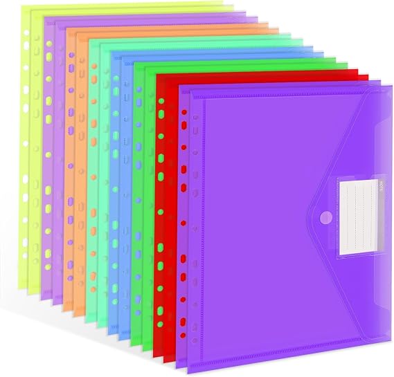 32 Pack Plastic Wallets A4+ Punched Pockets,8 Colours A4 Punched Wallets,Ring Binder Folder with Label Pocket & Hook and Loop Closure, 11 Hole Plastic Folders for School Home Office