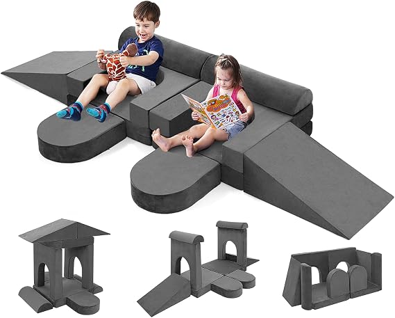 CoziBB 10pcs Modular Kids Play Couch, Convertible Kids Foam Couch for Toddlers & Children with Climbing Slope, Floor Sectional Sofa for Playroom Bedroom Nursery