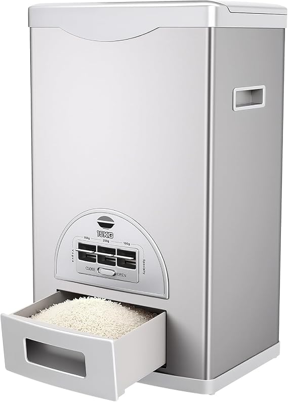 15kg/33Lbs Rice Storage Container, Large Capacity Stainless Steel Rice Container with 3 Buttons Portioning Function, Rice Dispenser Food Storage Bucket for Kitchens Restaurants