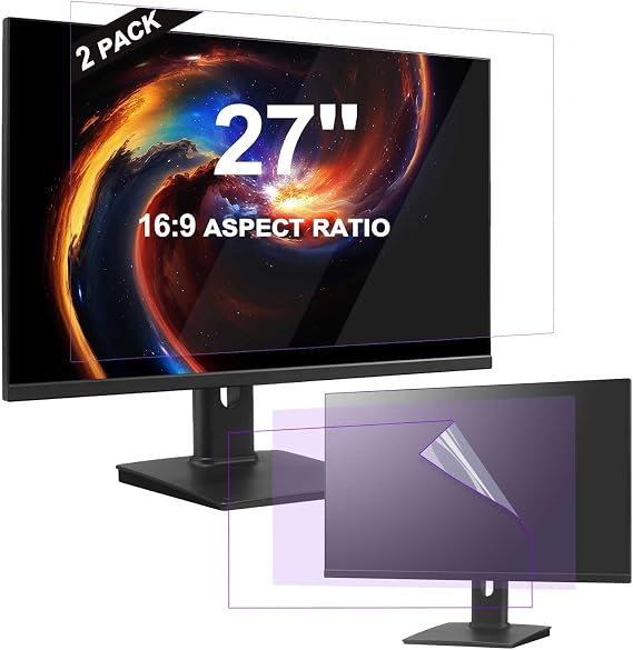 2 Pack 27 inch Matte Screen Protector for Computer Monitor, Blue Light Reduction and Anti Glare Matte Protector, Bubble-Free Easy Install, for 16:9 Widescreen Office Home Display