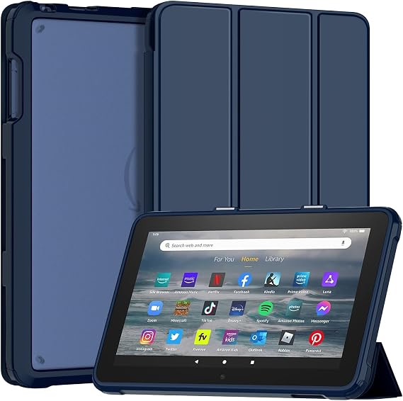 Fire 7 Tablet Case Kids (12th Generation, 2022), DJ&RPPQ Dual Angle Lightweight Trifold Stand with Frosted Transparent Back Case for 7 Kids Tablet, Auto Wake/Sleep, Also for 7in Sony Nokia, Navy Blue