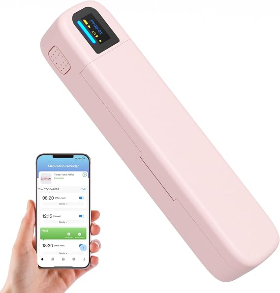 Smart Pill Dispenser with Alarm & Bluetooth, 7-Day Once-Daily Organizer & Travel Case, App-Controlled Medicine/Supplement/Vitamin Reminder, Portable Weekly Pill Box (Pink)