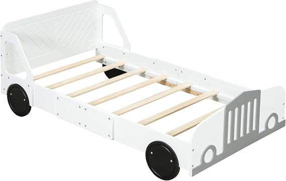 Race Car Bed Twin, Car Bed for Boys Car Shaped Platform Bed with Wheels, Headboard and Footboard, Wood Slat Support No Box Spring Needed White Twin