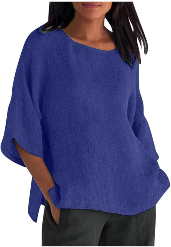 Women Shirts and Blouses Casual Cotton Linen Summer Tops Going Out Lounge Half Sleeve Crew Neck Side Split Work Tees