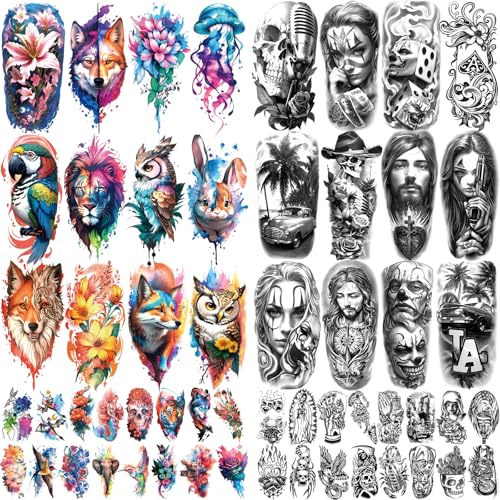 77 Sheets Temporary Tattoo, 17 Sheets Half Arm Fake Tattoos for Adults Shoulder Neck, 60 Sheets Tiny Waterproof Temporary Tattoos Realistic for Women Girls and Kids