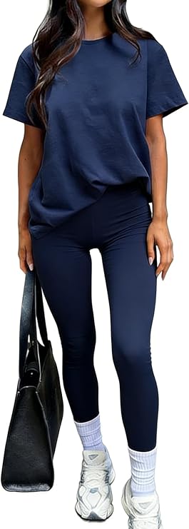 YETOWA Womens 2 Piece Loungewear Sets High Waisted Loose Short Sleeve T Shirt Long Pants Soft Stretchy Casual Outfit