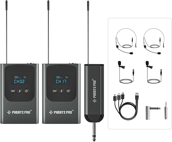 Phenyx Pro Dual Digital Wireless Microphone System, Portable Mini Receiver, 2x15 UHF Frequencies, 2 Bodypack Transmitters, Headset/Lapel Microphone for Singing, Karaoke (PDP-2-2B)