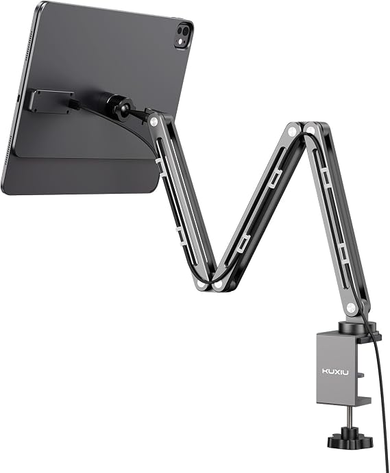KU XIU Magnetic Wireless Charging Stand for iPad Pro 11" M4 (2024), Foldable Adjustable Arm Mount with 2M Cable, Aluminum Alloy Tablet Holder for Desk