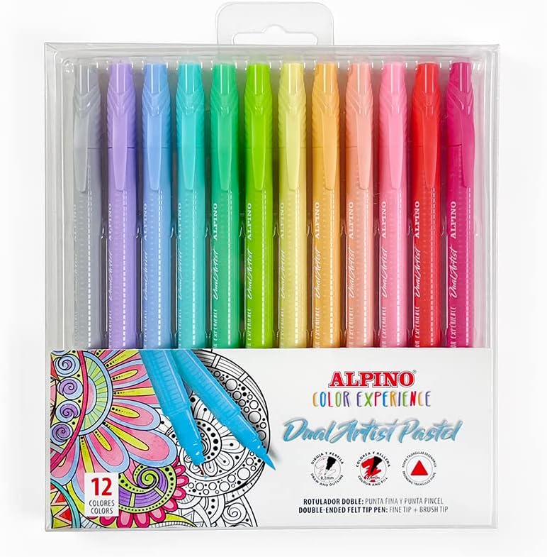 Alpino Color Experience 12 Dual Artist Pastel Pens | Double Tip Markers: Brush Tip and Fine Tip | Mandala and Lettering Markers | Pastel Coloured Markers