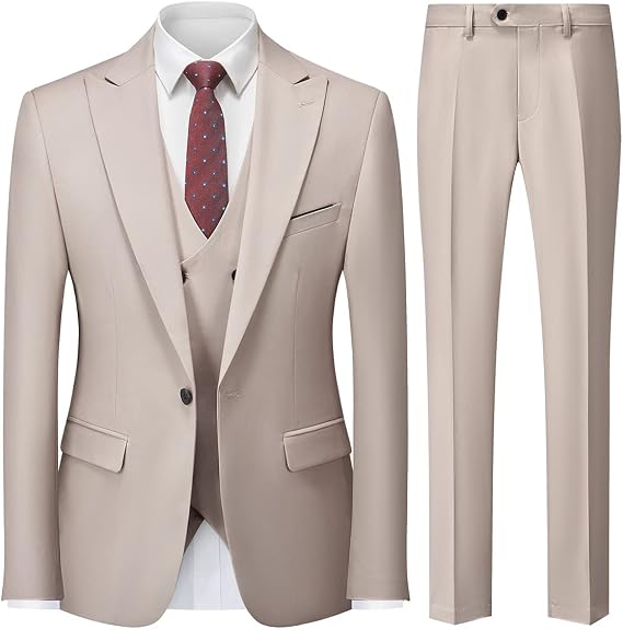 Men's 3 Piece Slim Fit Suit Set One-Button Tuxedo Jacket Vest & Pants for Wedding Prom Business