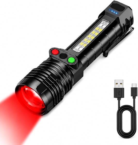 Red White Green Flashlight Rechargeable, 10 Modes LED Flashlight with 3 Buttons, High Lumens Flashlight with Side Flood Light, Zoomable, Pocket Clip for Camping, Hiking, Emergency