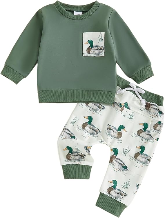 Toddler Baby Boy Hunting Outfit Mallard Duck Crewneck Sweatshirt Pants Set