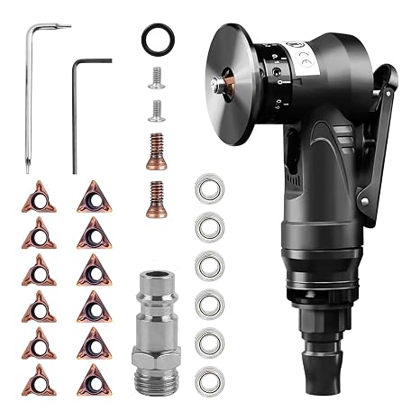 Mini Pneumatic Chamfering Machine, 45 Degree Handheld Linear Trimming Deburring Tool, Black Air Chamfer Tool Deburring Machine for Metal Wood with 1/4 Inch Air Inlet (6 R+6C Angle Blades+4 Bearing)