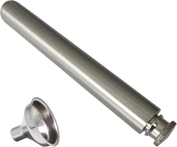 Stainless Steel 2oz Tube Flask Portable Mini Water Bottle & Funnel (Brush Finish, Round Bottom)