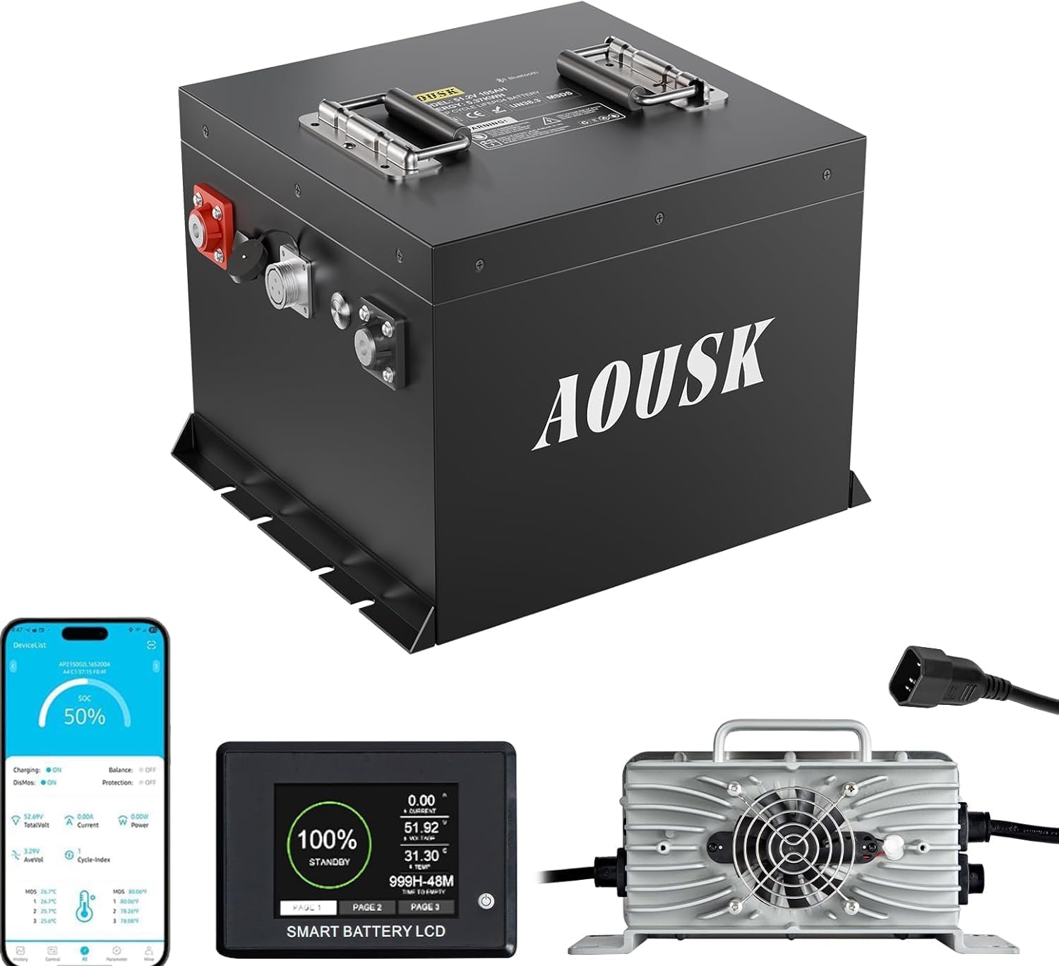 48V 105Ah Mini LiFePO4 Lithium Batteries,MAX 10.24 kW Built-in 200A BMS with Touch Monitor & Mobile APP, 6000 Cycles Rechargeable LiFePO4 Battery, Perfect for Golf Carts