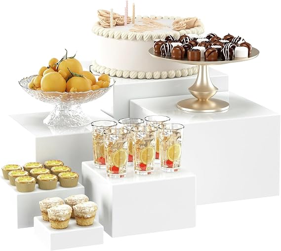 6PCS Buffet Risers, Acrylic Display Box with Hollow Bottoms for Buffet Table, 6PCS Risers Cube Display Stands for Party, Wedding, and Event Decor (White)