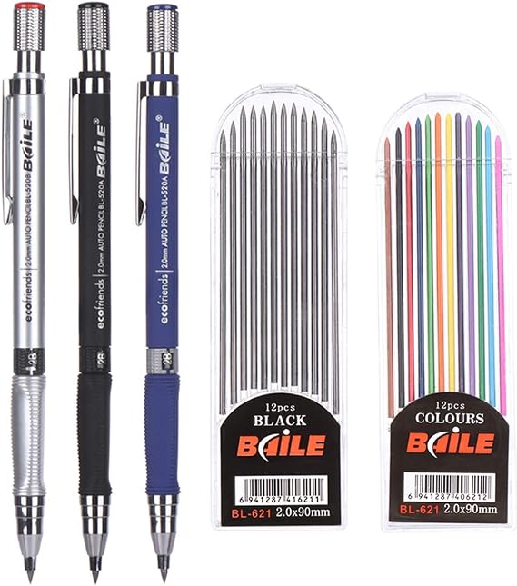 5pcs 2.0 mm Mechanical Pencil Lead Holder Set, 3pcs Automatic Pencils and 2 Cases Lead Refills (Color & Black) for Draft Drawing Writing Crafting Art Sketching Student Gift Office School Supplies