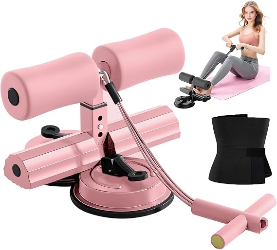 Ab Training Auxiliary Device for Women, Sit Up Machine Foot Holder with bands, Double Suction Cups Trainer Equipment - Strengthen Abs & Waist at Home or Gym with a Waist Support Belt (Pink)