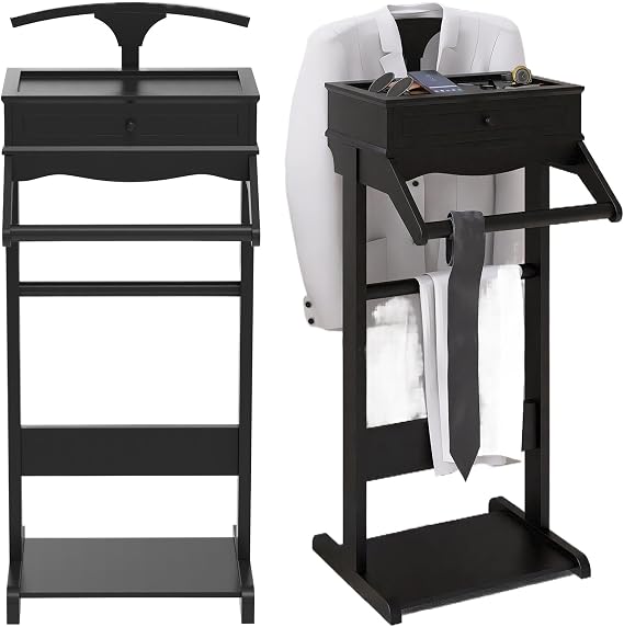 Wood Mens Valet Stand,Freestanding Suit Stand&Clothes Butler Valet Stand with Hanger,Tie&Belt Hooks,Shoe Rack,Storage Organizer for Keys,Watches,Wallet,Jewelry in Entrance,Bedroom (Styel 3, Black)